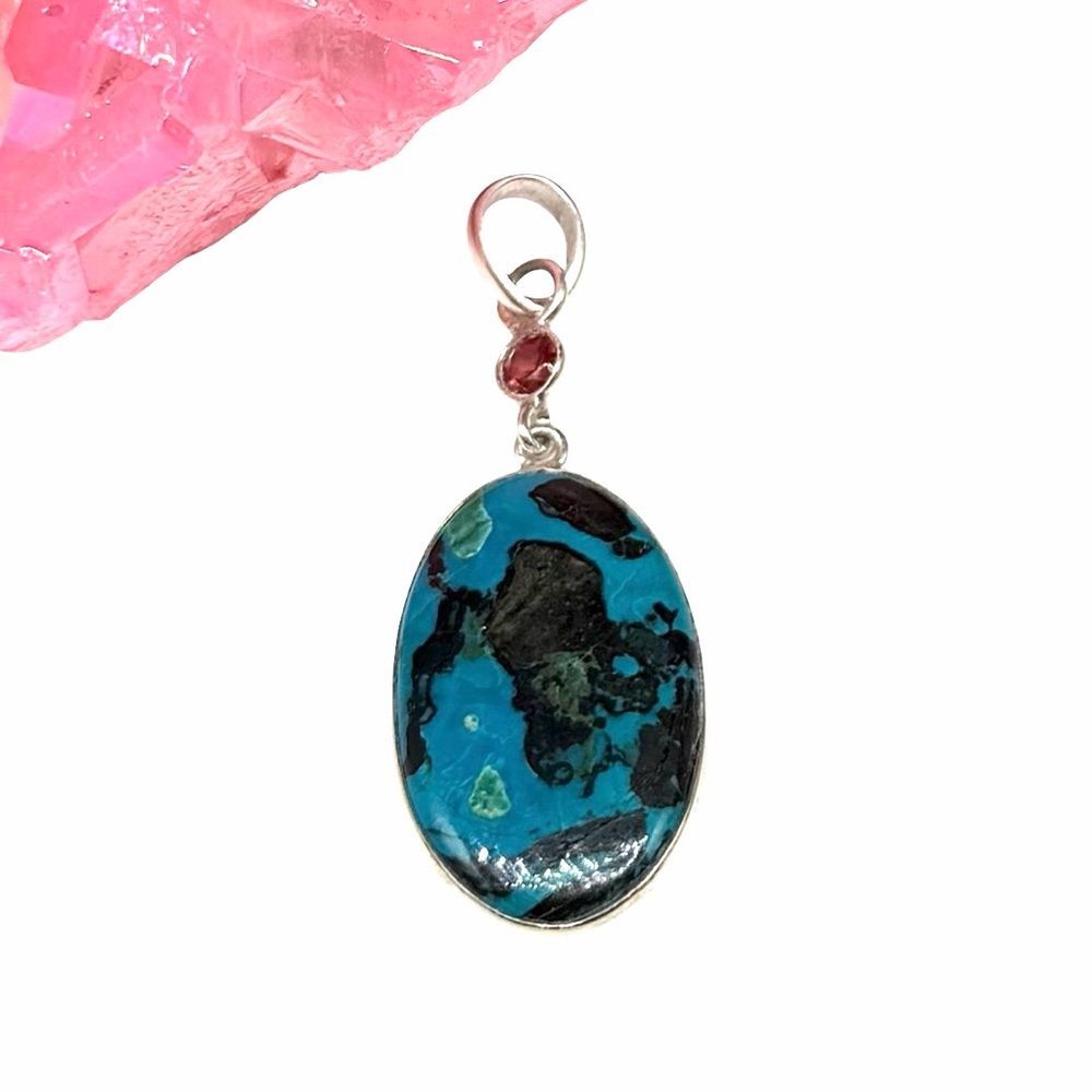 Shattuckite & Garnet Necklace Pendant Solid 925 Sterling Silver Oval Stone